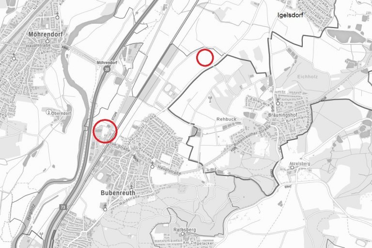 Übersichtslageplan mit Baugebiet (großer Kreis) und externer Ausgleichsfläche (kleiner Kreis)